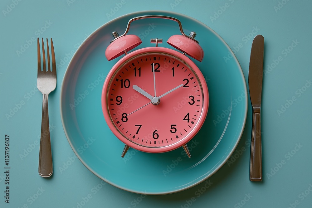 Alarm clock and plate with fork on a blue background, a flat lay concept of a master weight loss plan or a minimal meal calendar design Alarm clock and plate with fork on a blue background, a flat lay concept of a master weight loss plan or a minimal meal calendar design