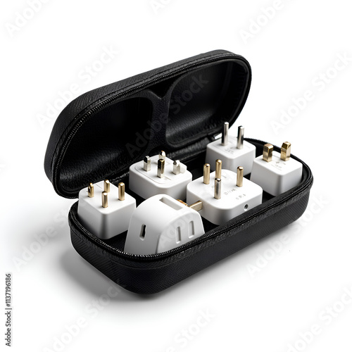 Versatile travel adapter kit for global charging needs in a compact case, still life photography of product display concept.