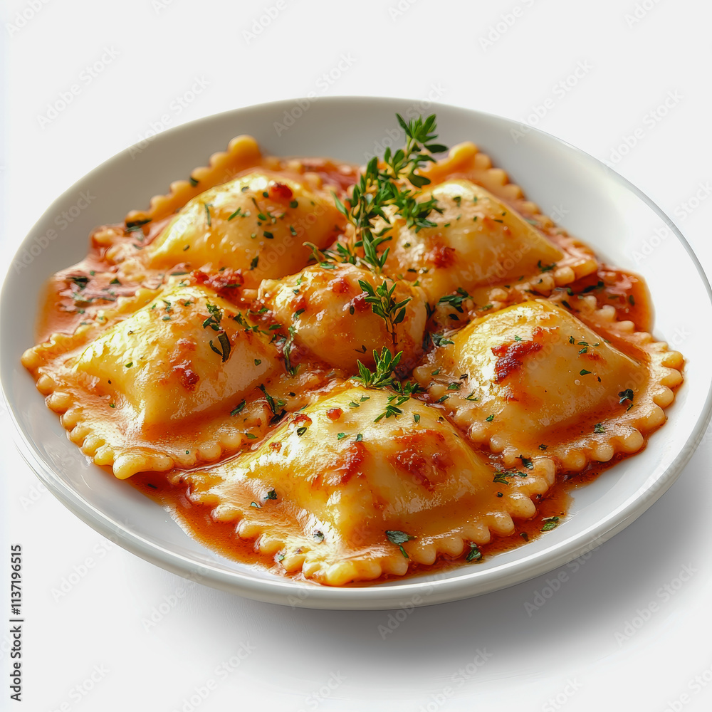 Delicious lobster ravioli served on a white plate with fresh herbs and a rich sauce for gourmet dining experience Delicious lobster ravioli served on a white plate with fresh herbs and a rich sauce for gourmet dining experience