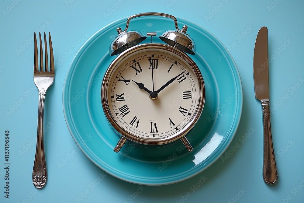 Alarm clock and plate with fork on a blue background, a flat lay concept of a master weight loss plan or a minimal meal calendar design Alarm clock and plate with fork on a blue background, a flat lay concept of a master weight loss plan or a minimal meal calendar design