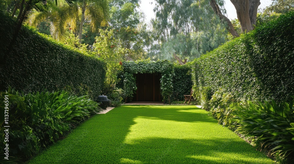 Obraz premium A serene garden pathway lined with lush greenery leading to a secluded entrance.