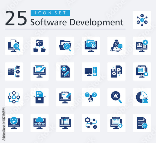 SOFTWARE DEVELOPMENT ICON SET COLOR FILL STYLE with framework, source code, backup, case file, data security, budget, engineer, data storage, graphic design and prototyping