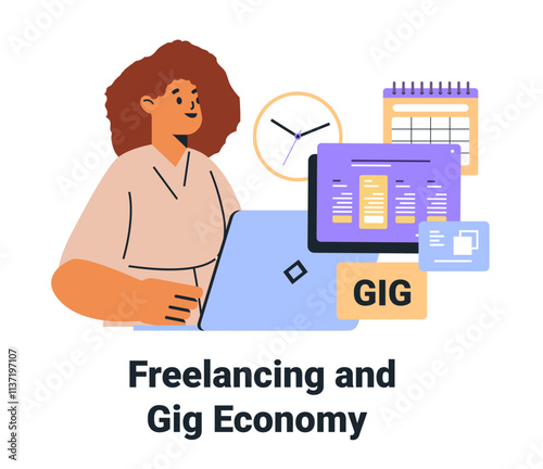 Freelancing gig economy concept woman laptop clock calendar digital workspace vibrant colors modern design