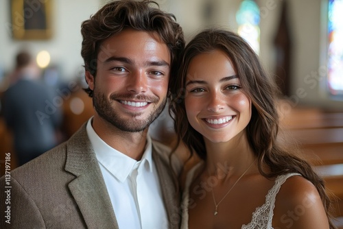 Happy Couple Posing Together In Church Setting