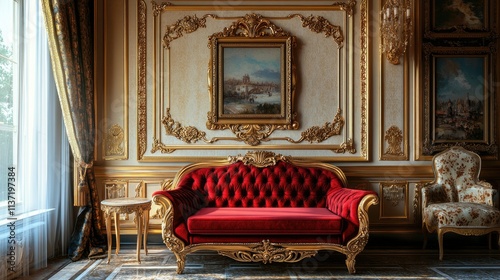 Opulent Red Velvet Sofa in a Gilded Room