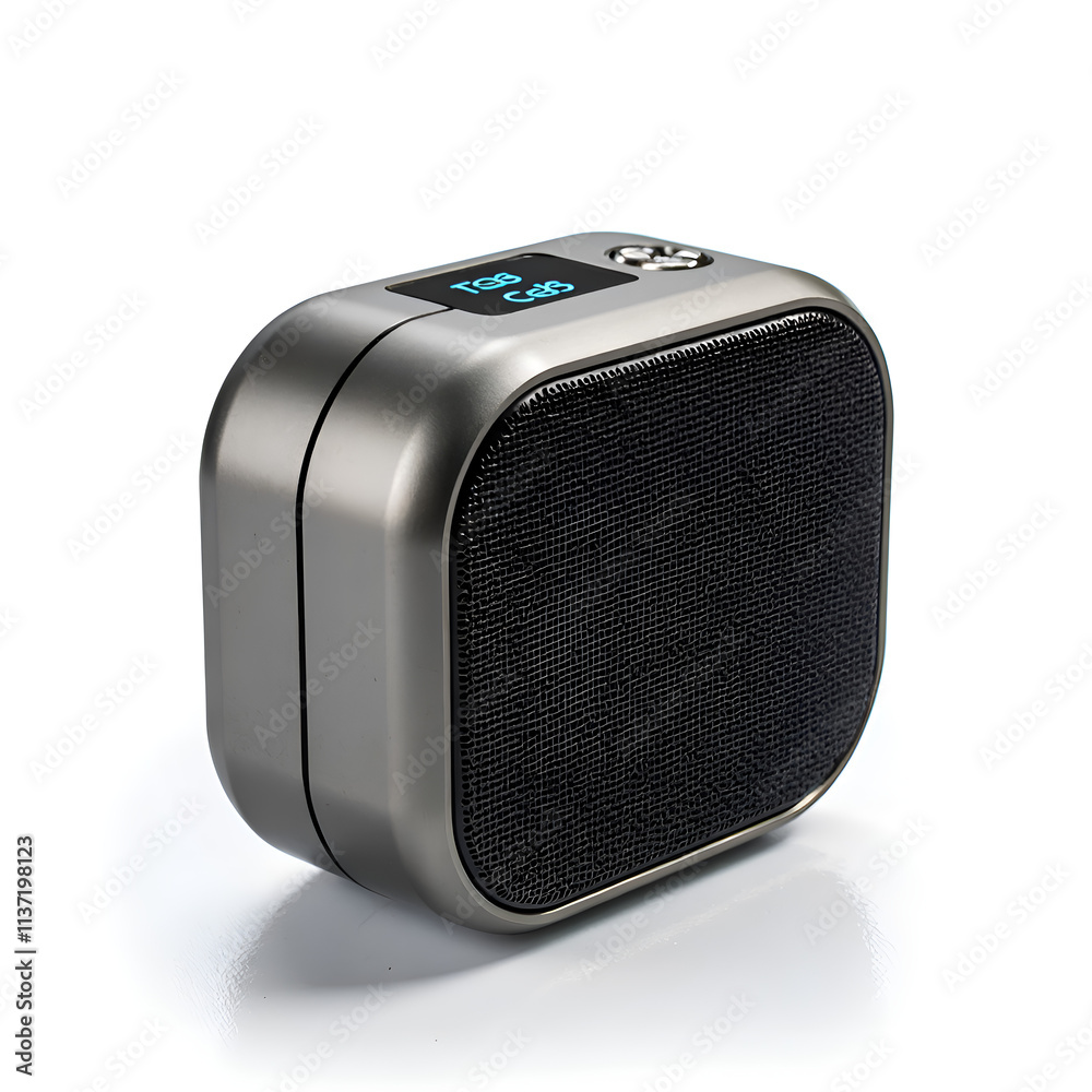 Compact wireless speaker with modern design and led display for optimal sound experience, product photography of still life concept. Compact wireless speaker with modern design and led display for optimal sound experience, product photography of still life concept.