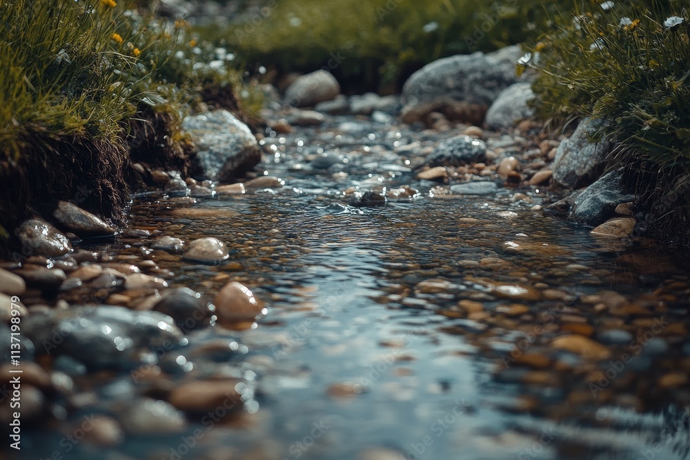 Clear stream flowing over smooth rocks and pebbles in a mountain meadow. Clear stream flowing over smooth rocks and pebbles in a mountain meadow.