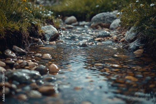 Clear stream flowing over smooth rocks and pebbles in a mountain meadow.