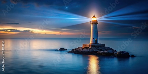 Solitary lighthouse beaming light over calm sea at night , Lighthouse, beacon, solitary, powerful, shining, calm, sea