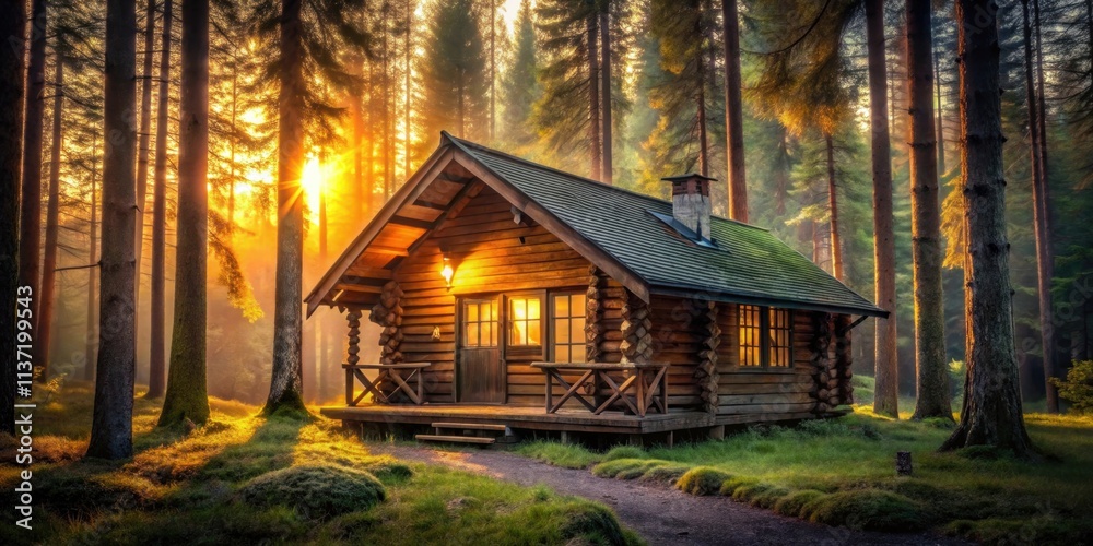 Cozy cabin in the woods illuminated by golden hour light , Cabin, woods, nature, cozy, warm, peaceful, inviting, atmosphere Cozy cabin in the woods illuminated by golden hour light , Cabin, woods, nature, cozy, warm, peaceful, inviting, atmosphere