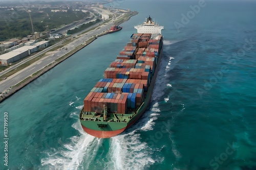 Aerial View Of A Cargo Ship Cutting Through Turquoise Waters, Fully Loaded With Containers In Various Hues photo