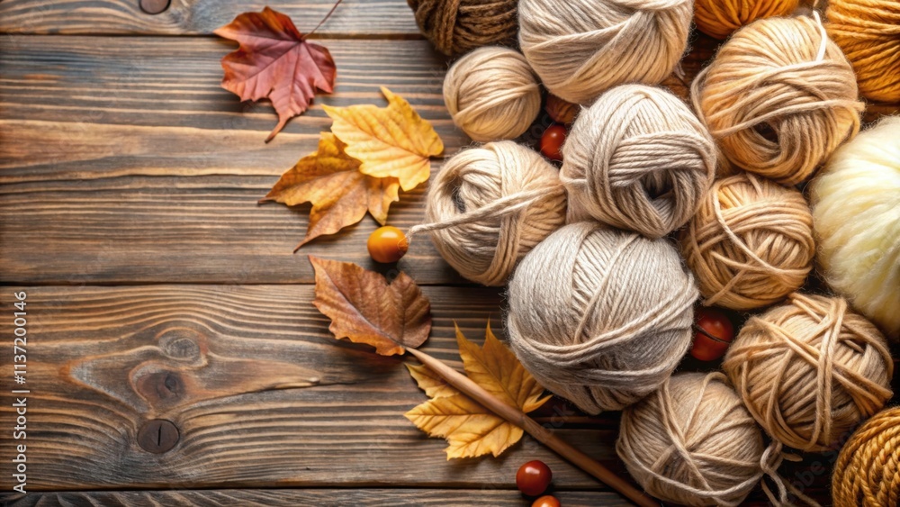 Fototapeta premium Craft knitting hobby background with yarn in natural colors