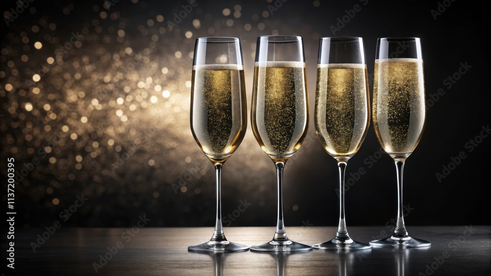 Four elegant champagne glasses filled with sparkling bubbly liquid, celebration, party, toast, cheers, glasses, drink, bubbly Four elegant champagne glasses filled with sparkling bubbly liquid, celebration, party, toast, cheers, glasses, drink, bubbly