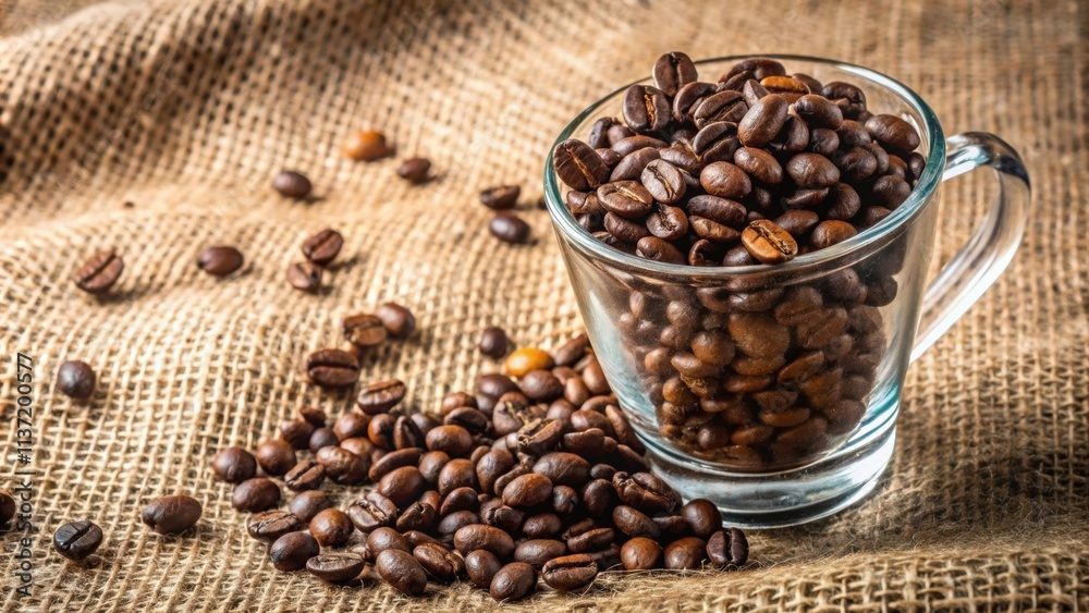 Closeup of dark brown coffee beans falling into a glass cup on jute fabric background, coffee, beans, macro, closeup, flow, drop, pan Closeup of dark brown coffee beans falling into a glass cup on jute fabric background, coffee, beans, macro, closeup, flow, drop, pan