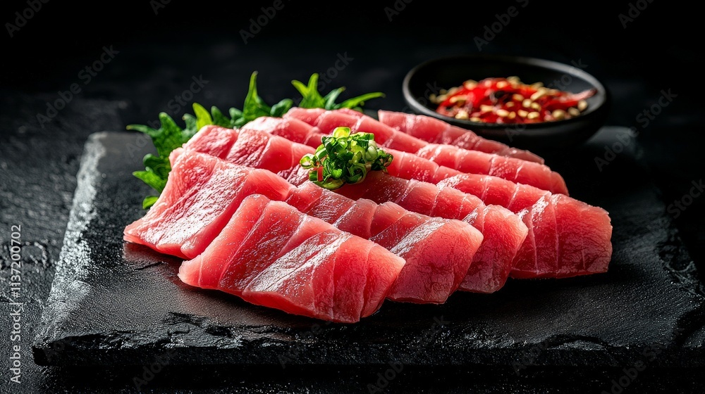 Studio lighting highlighting vibrant Tuna Sashimi slices, placed on a dark slate plate, casting soft shadows and enhancing the texture of the fish