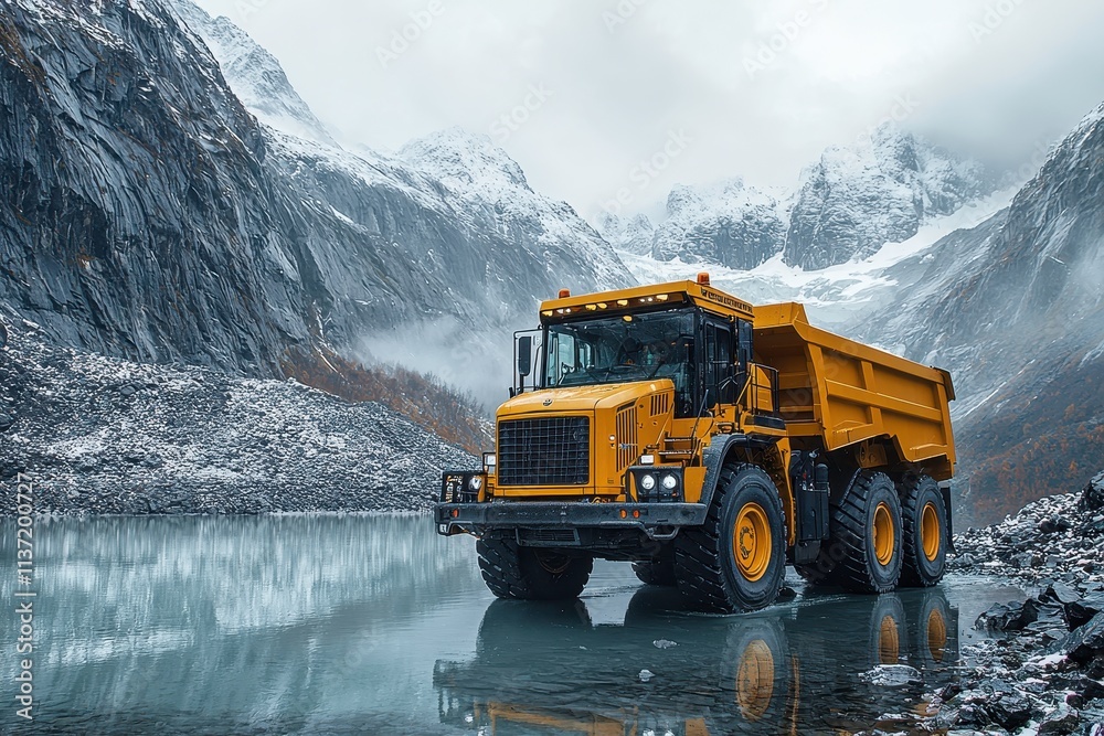 Yellow Dumper Truck in Mountain Quarry Landscape Yellow Dumper Truck in Mountain Quarry Landscape