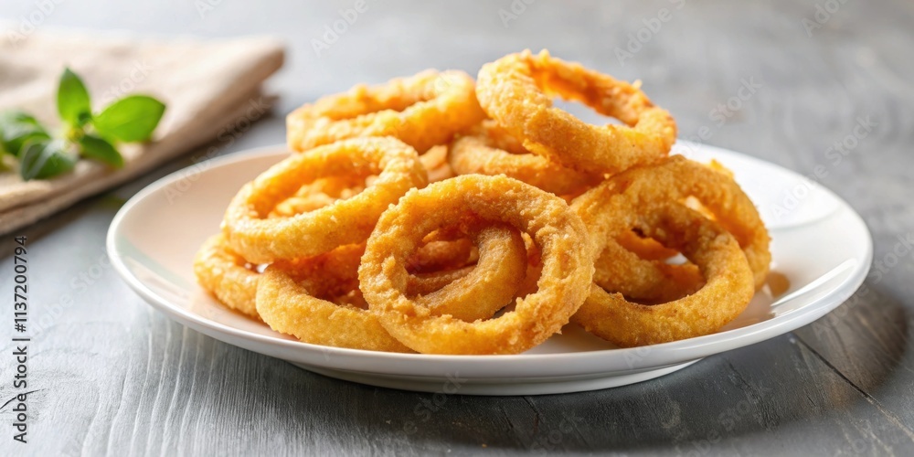 Crispy onion rings arranged on a white plate, appetizer, deep fried, delicious, snack, golden brown, greasy, crunchy, plate Crispy onion rings arranged on a white plate, appetizer, deep fried, delicious, snack, golden brown, greasy, crunchy, plate