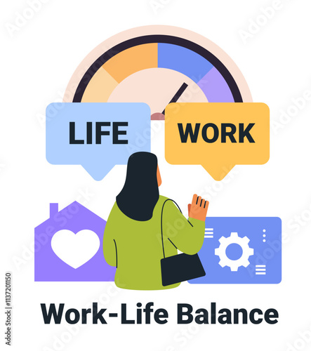 Work-life balance concept woman choosing between career and home life colorful gauge speech bubbles house gear symbols digital design