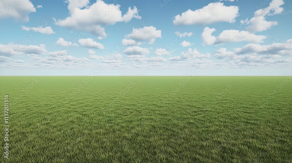 Expansive green field under a bright blue sky with fluffy white clouds. Expansive green field under a bright blue sky with fluffy white clouds.