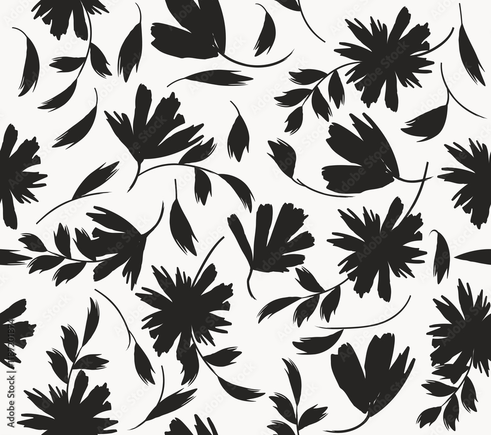 flowers hand-drawn, Flower seamless pattern. Seamless floral. Floral brush strokes seamless pattern, Organic shapes abstract floral. Black and white art for textile design, fabric,covers.eps