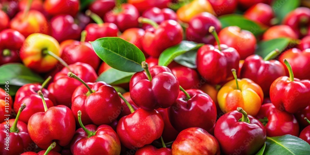 Close up of vibrant red Acerola cherry fruits, packed with vitamin C, from the Amazonas region of Brazil , Acerola Close up of vibrant red Acerola cherry fruits, packed with vitamin C, from the Amazonas region of Brazil , Acerola
