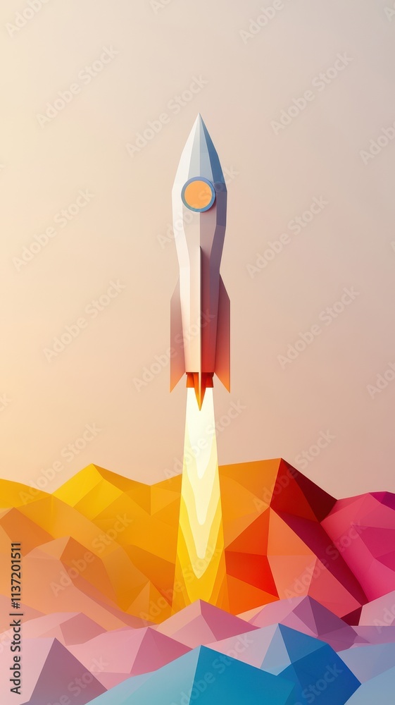 Launch vision branding concept. Rocket launching from a colorful geometric landscape. Launch vision branding concept. Rocket launching from a colorful geometric landscape.