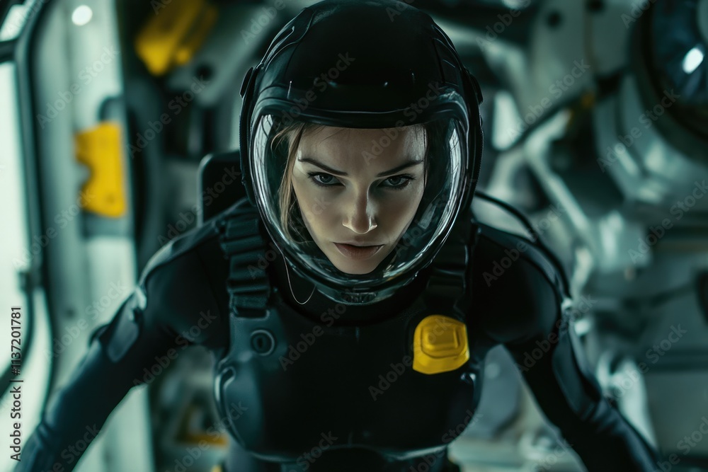 Female Astronaut Wearing Advanced Spacesuit Helmet