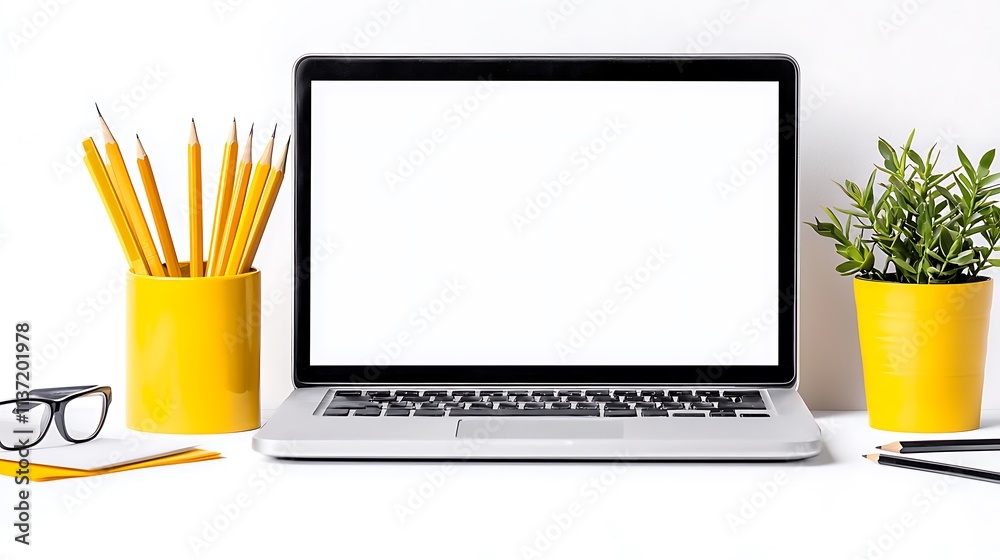 Fototapeta premium Modern Workspace Laptop Pencils Plant Glasses Mockup