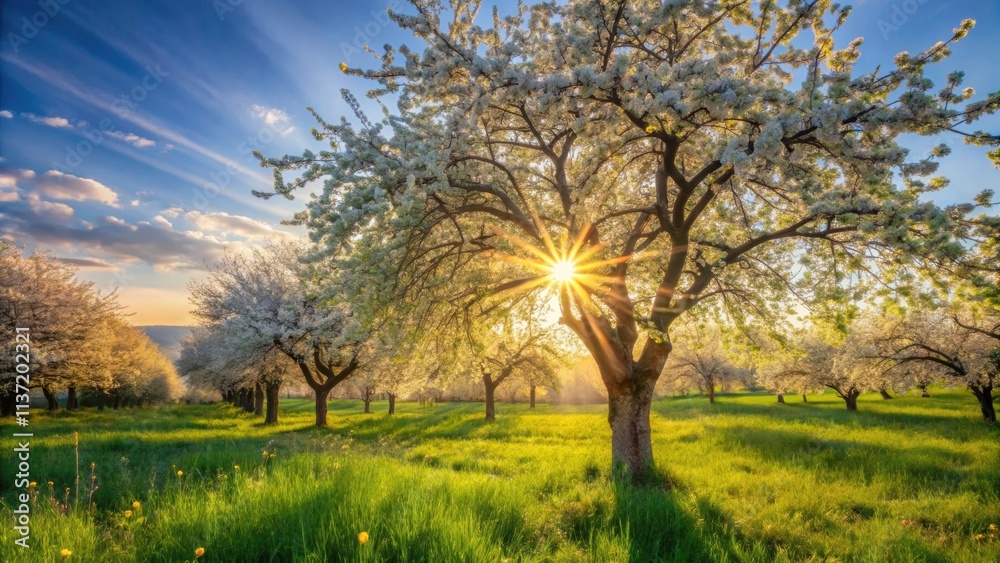 Nature scene with blooming tree and sun flare in a beautiful orchard, spring, blossom, background, blooming, tree, sun flare, flowers Nature scene with blooming tree and sun flare in a beautiful orchard, spring, blossom, background, blooming, tree, sun flare, flowers