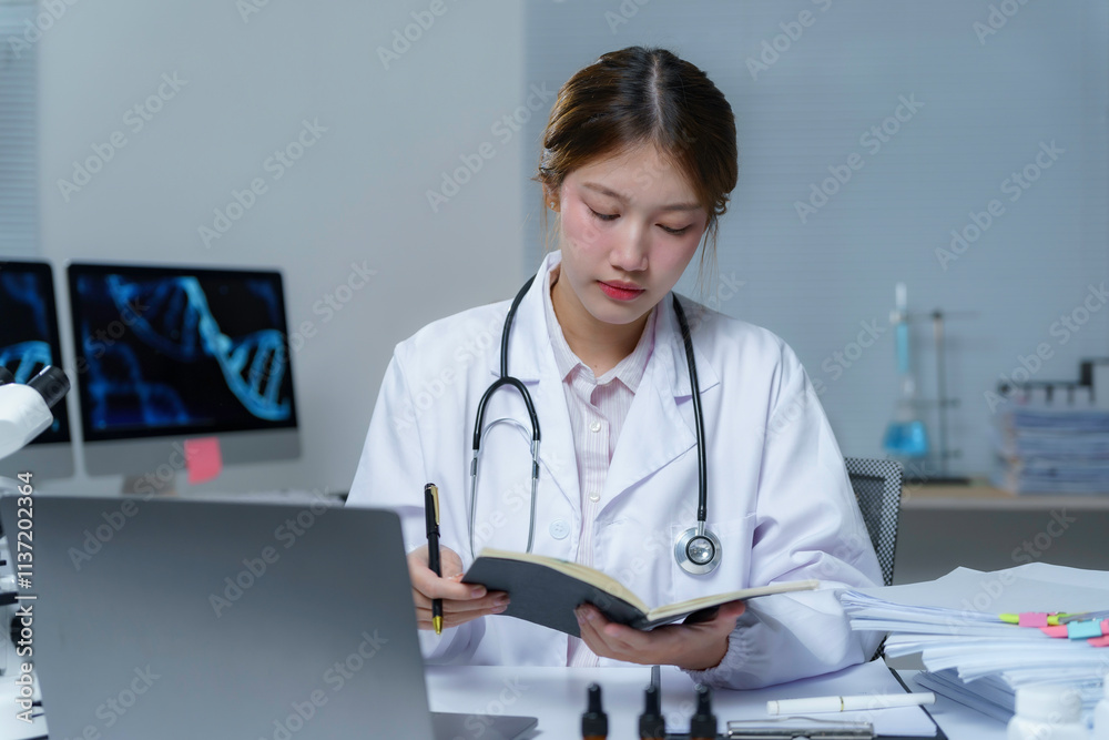Asian female doctor working with a laptop and taking notes on a notebook in a medical clinic Asian female doctor working with a laptop and taking notes on a notebook in a medical clinic