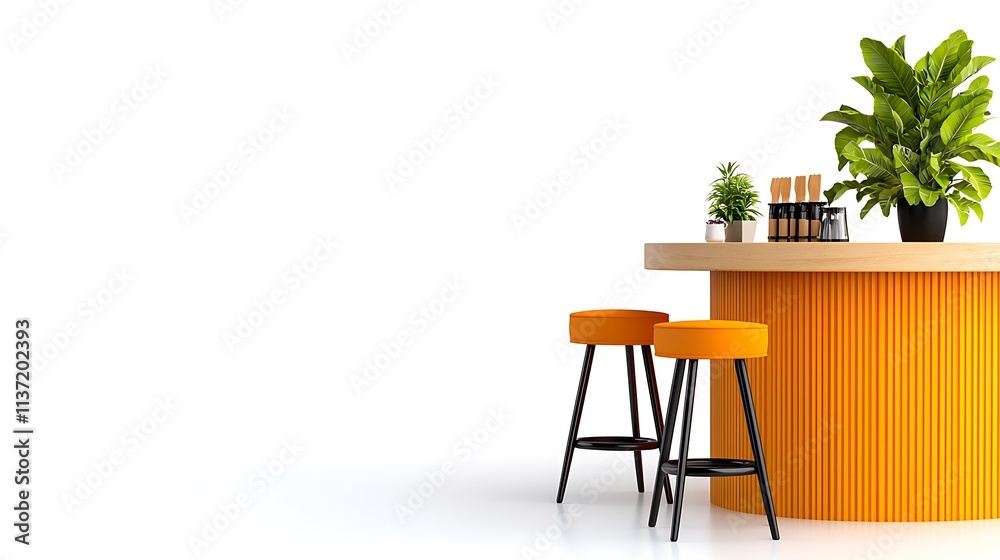 Fototapeta premium Modern Orange Bar Counter Two Stools Plants Minimalist Interior Design