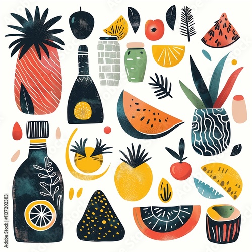 Artistic botanical illustration with retro palette and abstract design