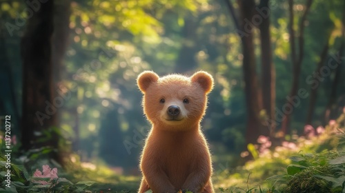 Adorable Bear Cub in a Lush Forest