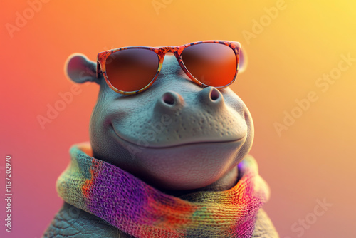 3D illustration of an adorable, smiling hippo character wearing stylish sunglasses and a vibrant, patterned scarf, set against a soft gradient backdrop with ample space for text or branding. photo