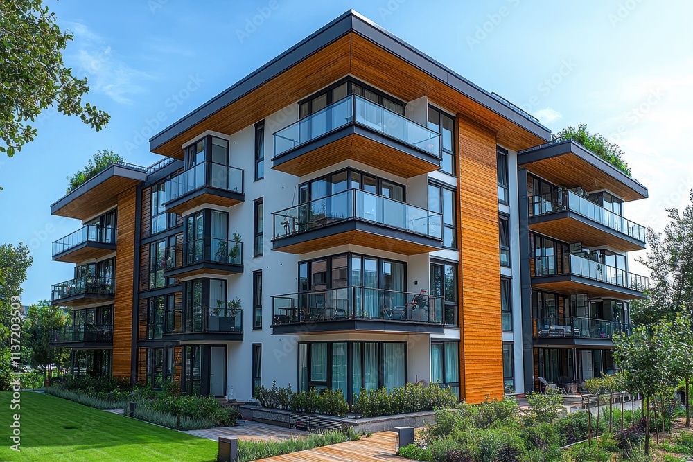 Modern Apartments Surrounded by Greenery on Sunny Day Modern Apartments Surrounded by Greenery on Sunny Day