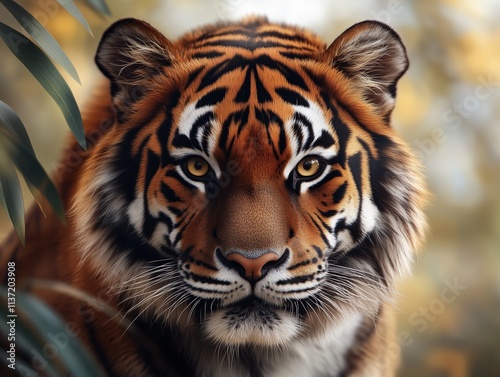 Close up portrait of a Bengal Tiger, Panthera tigris tigris, in a natural habitat with warm tones