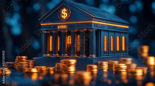 Glowing Bank Model Surrounded By Stacks Of Gold Coins Concept Of Financial Growth And Stability photo