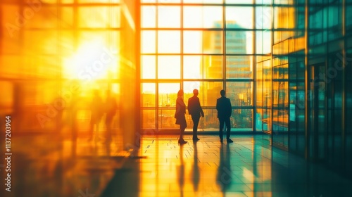 Business Team in Glass Office with Sunlight Streaming