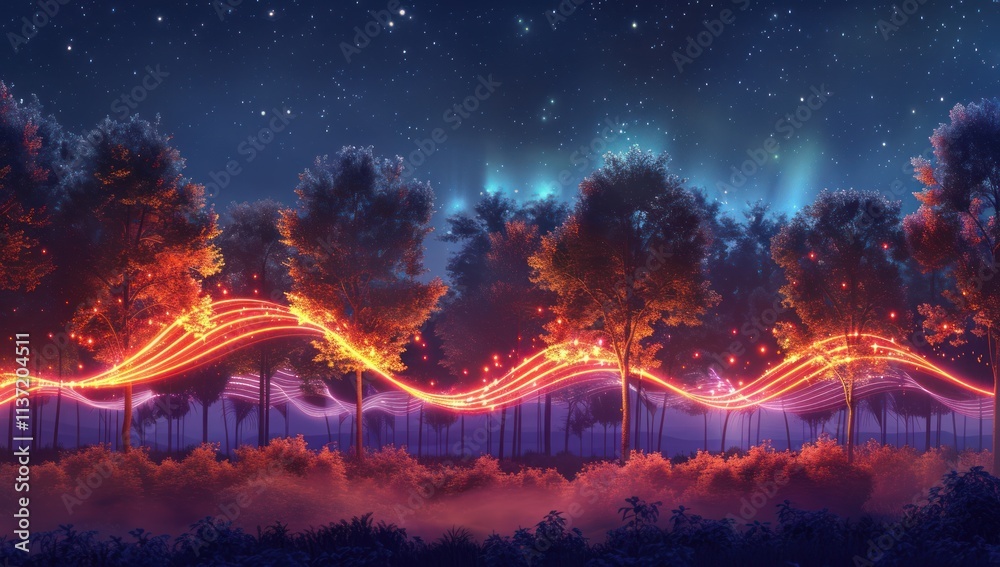 Fototapeta premium Enchanted Forest at Night with Glowing Lights