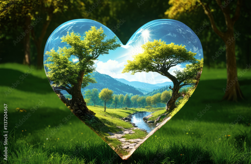 Eco-friendly heart made of trees against the background of nature. an illustration for Valentine's Day. the concept of environmental protection Eco-friendly heart made of trees against the background of nature. an illustration for Valentine's Day. the concept of environmental protection