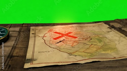 3D Treasure Map Featuring Moving Compass and Glowing Marked Path on wooden table on green screen 