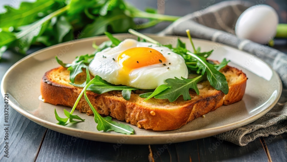Fried toast with arugula and poached egg on a plate, breakfast, brunch, food, healthy, delicious, gourmet, homemade, organic Fried toast with arugula and poached egg on a plate, breakfast, brunch, food, healthy, delicious, gourmet, homemade, organic