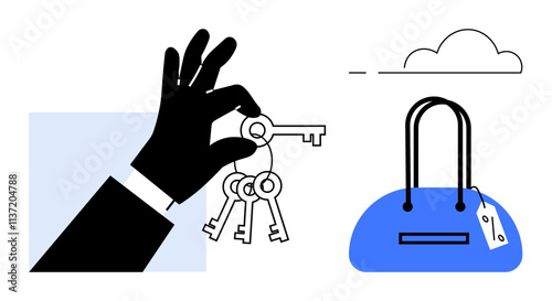 Hand holding a set of keys near a blue handbag and a cloud. Ideal for security, personal belongings, luggage, ownership, travel, access control, and home safety concepts. Line metaphor