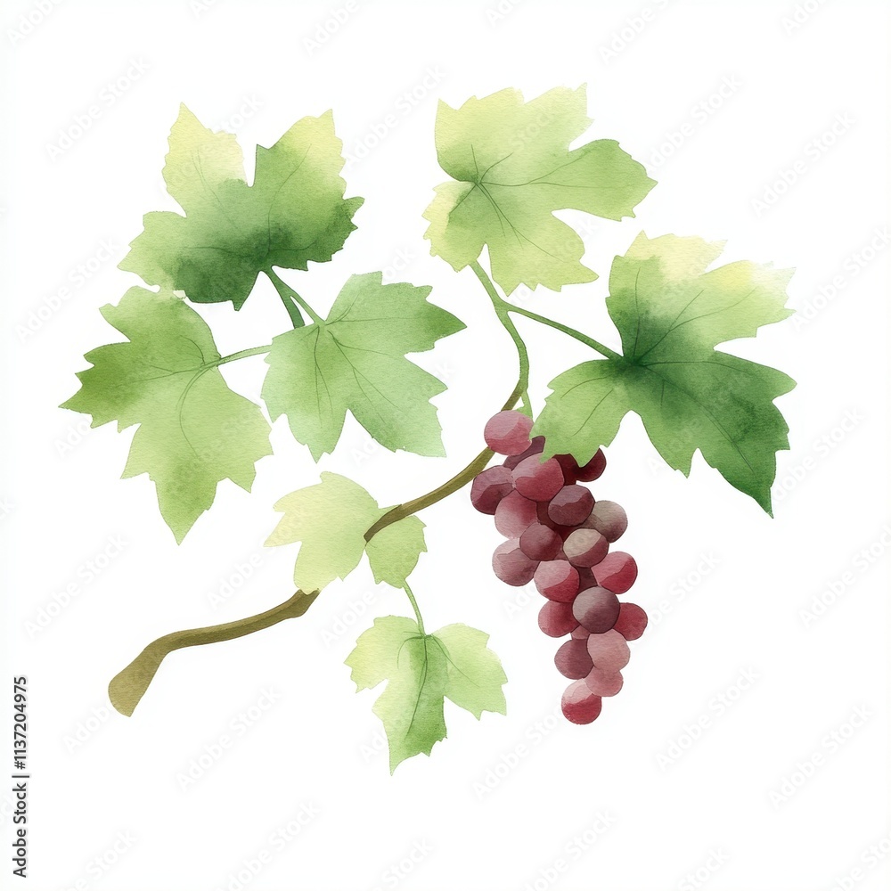 Fototapeta premium Watercolor Painting of Red Grapes on Vine with Lush Green Leaves