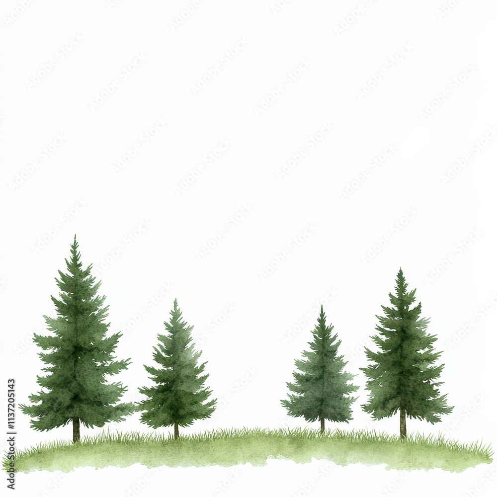 Obraz premium Four Watercolor Evergreens on a Gentle Hill