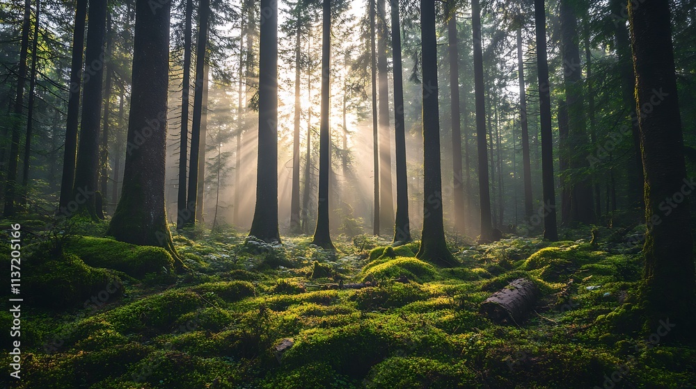 Obraz premium Sunbeams Illuminate Mossy Forest Floor Through Tall Trees