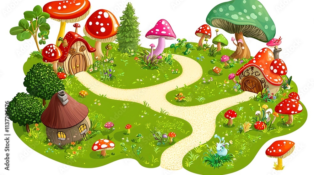 Naklejka premium Enchanting Mushroom Village Fantasy Landscape Illustration