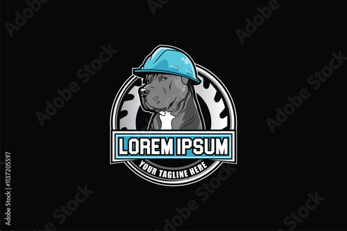 Pitbull dog with hard hat vector badge logo template