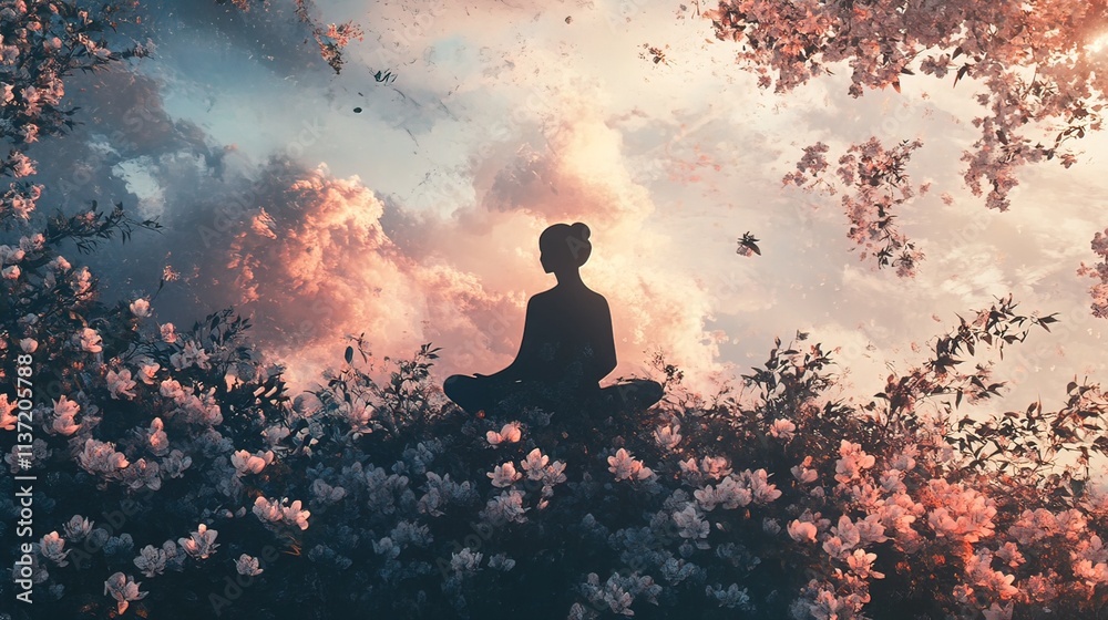 Silhouetted woman meditates amidst blossoming flowers under a vibrant sunset sky. Silhouetted woman meditates amidst blossoming flowers under a vibrant sunset sky.