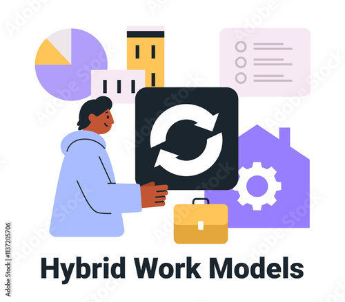 Hybrid work models concept with person holding sync icon buildings pie chart gear briefcase home office elements flat design